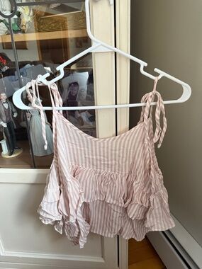 American Eagle Outfitters Pink and White Striped Tie-Shoulder Ruffle Camisole